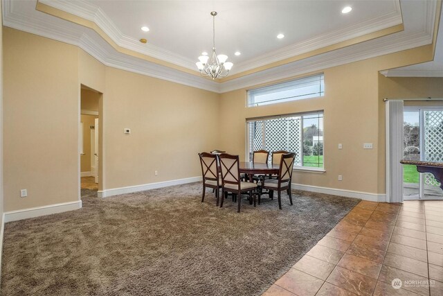 20086 Cherry Rd NW, Soap Lake, WA 98851 - dining space with a chandelier, a raised ceiling, ornamental molding, baseboards, and recessed lighting