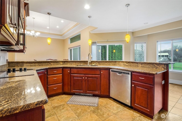 20086 Cherry Rd NW, Soap Lake, WA 98851 - kitchen with stainless steel dishwasher, a sink, ornamental molding, black electric cooktop, and pendant lighting