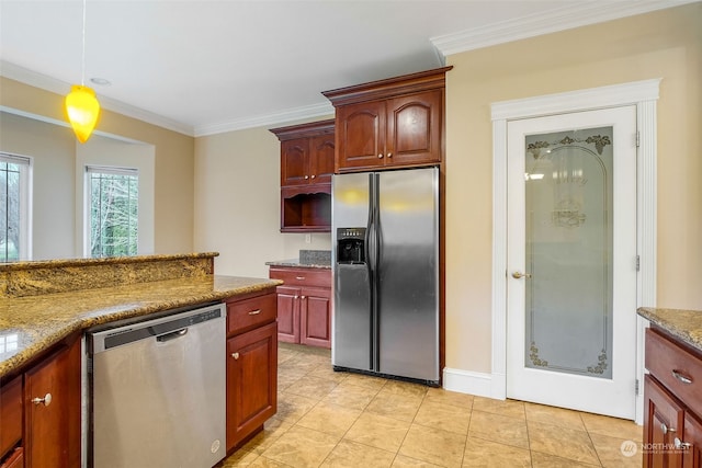 kitchen with light stone countertops, appliances with stainless steel finishes, ornamental molding, light tile patterned floors, and hanging light fixtures