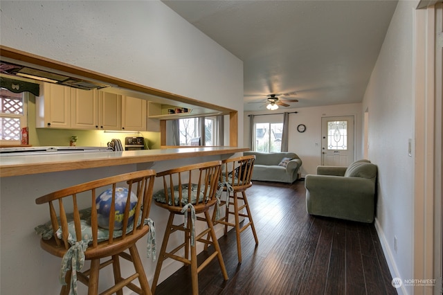 kitchen with a kitchen breakfast bar, dark hardwood / wood-style floors, and ceiling fan