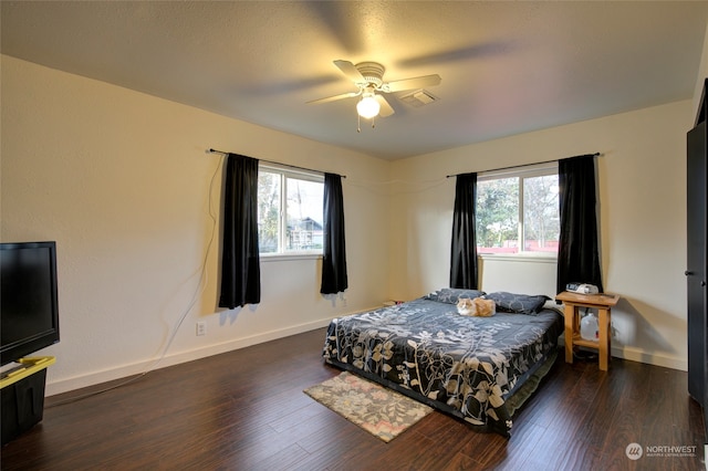 bedroom with multiple windows, ceiling fan, and dark wood-type flooring