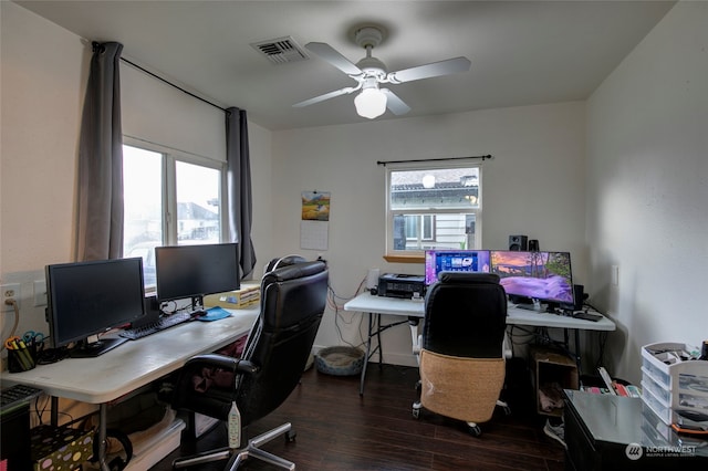 office space with a wealth of natural light, dark wood-type flooring, and ceiling fan