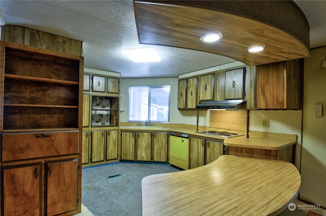 kitchen with white gas stovetop, sink, carpet flooring, tasteful backsplash, and dishwashing machine