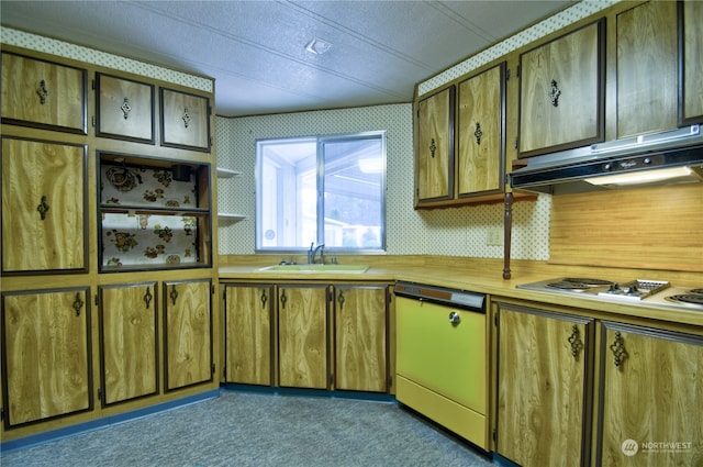 kitchen featuring white appliances, sink, range hood, and light carpet