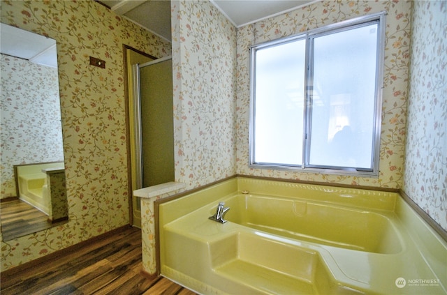 bathroom with plus walk in shower and hardwood / wood-style flooring