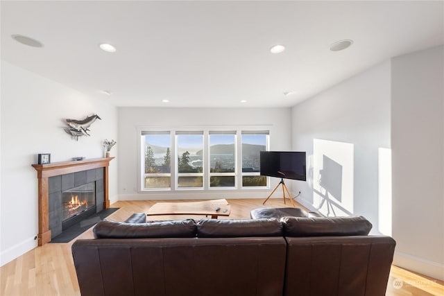 living room with a tile fireplace and light hardwood / wood-style flooring