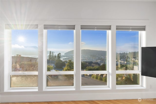 doorway to outside with hardwood / wood-style flooring and a mountain view