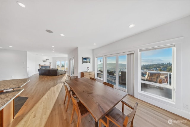 dining space with light wood-type flooring