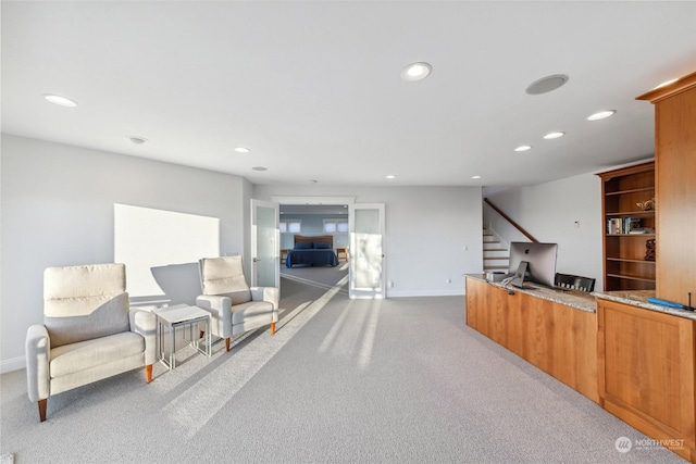 interior space featuring light colored carpet