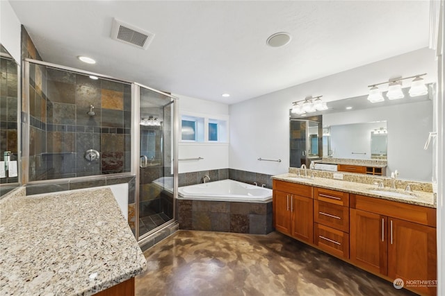 bathroom with shower with separate bathtub and vanity