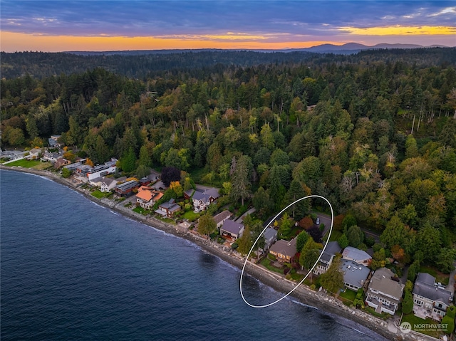 aerial view at dusk with a water view