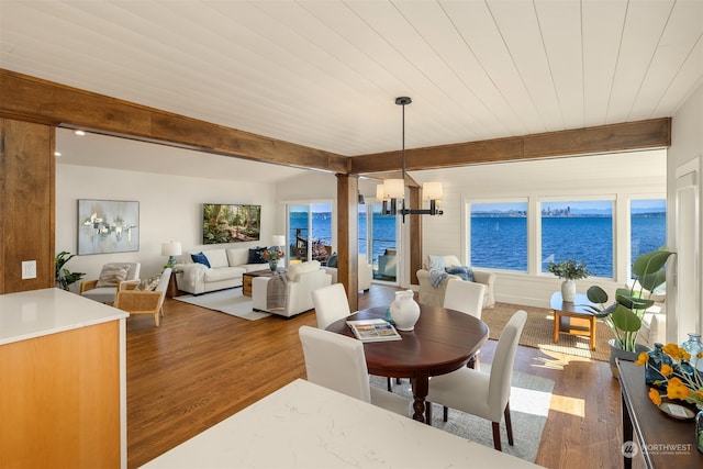 dining space featuring wood ceiling, beam ceiling, a water view, a notable chandelier, and hardwood / wood-style floors