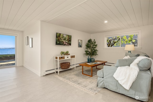 living room with a water view, a baseboard radiator, and wood ceiling