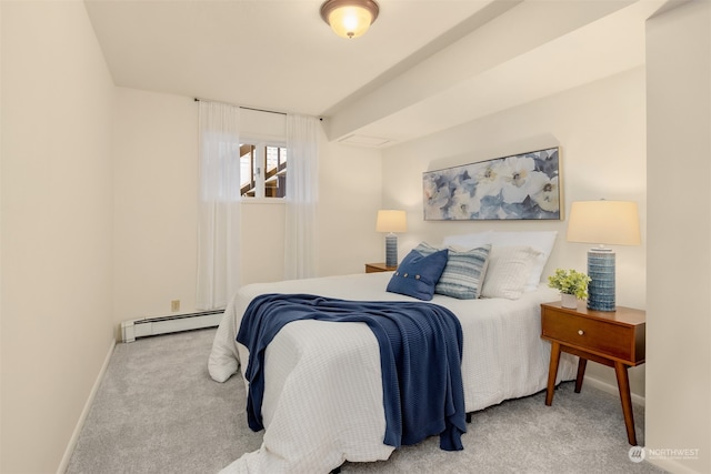 bedroom featuring a baseboard radiator and light colored carpet