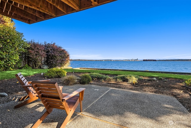 view of patio / terrace featuring a water view