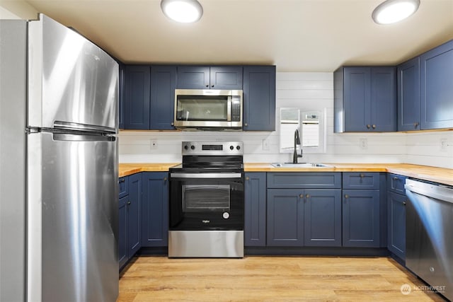 603 Military St, Walla Walla, WA 99362 - kitchen with sink, stainless steel appliances, wood counters, blue cabinets, and light wood-type flooring
