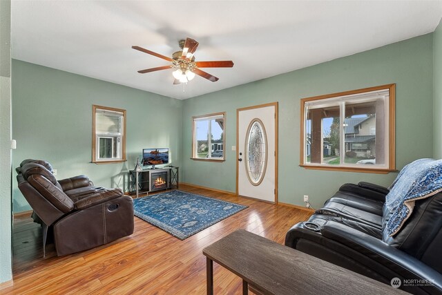 living room featuring ceiling fan and light wood-type flooring