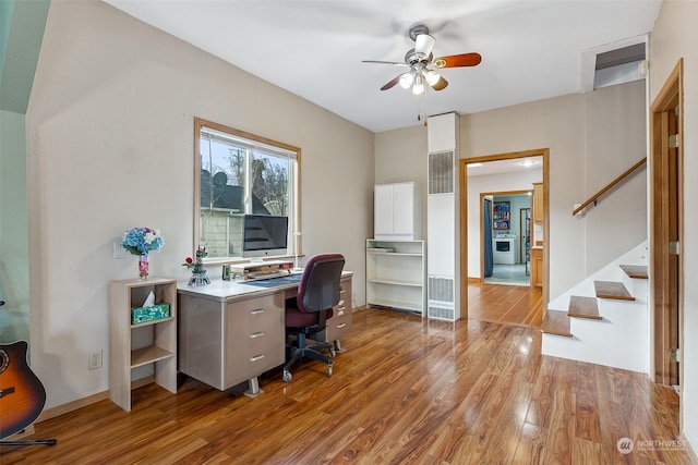 office space featuring ceiling fan and light wood-type flooring