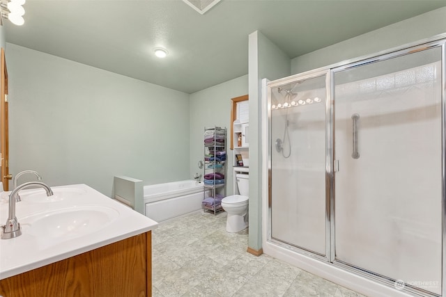 full bathroom with vanity, separate shower and tub, and toilet