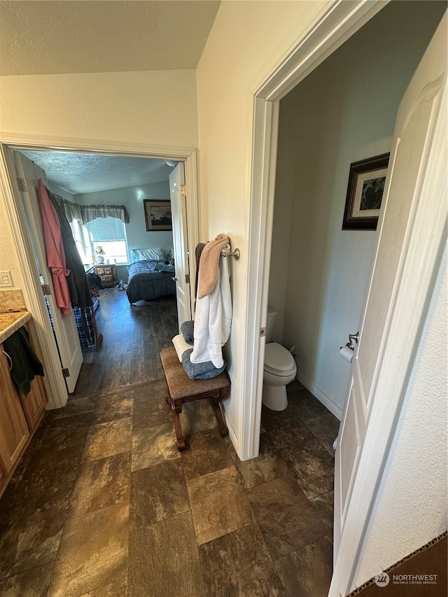 bathroom with wood-type flooring, vanity, and toilet