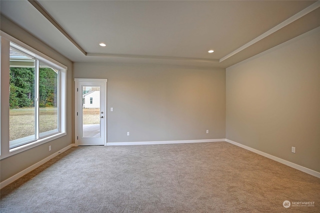 unfurnished room featuring light colored carpet and a tray ceiling