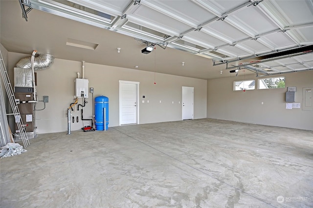 garage featuring tankless water heater, a garage door opener, electric panel, and heating unit