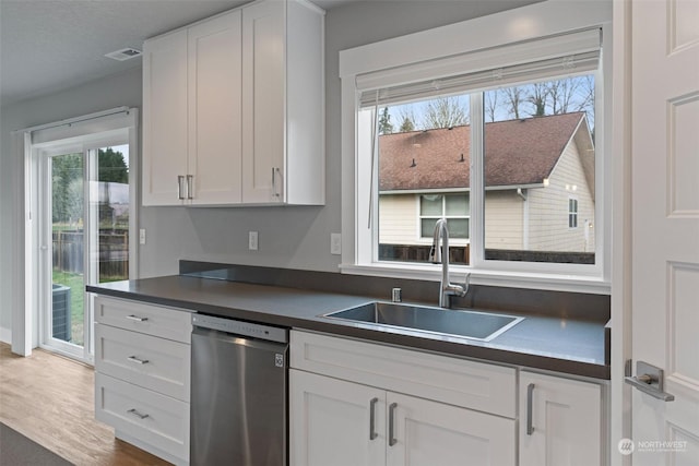 kitchen featuring white cabinetry, stainless steel dishwasher, dark hardwood / wood-style floors, and sink