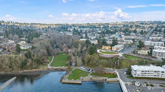 birds eye view of property featuring a water view