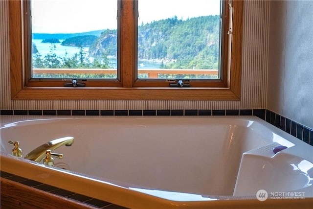 bathroom with a tub to relax in and a mountain view