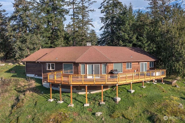 back of house featuring a lawn and a deck