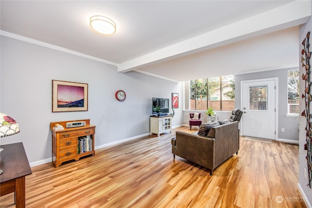 living room with light hardwood / wood-style floors, crown molding, and beam ceiling