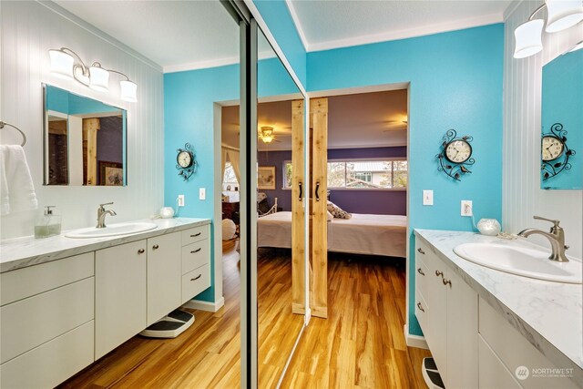 bathroom with vanity, wood-type flooring, and crown molding