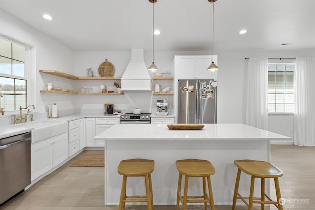 kitchen featuring white cabinets, stainless steel appliances, premium range hood, and sink