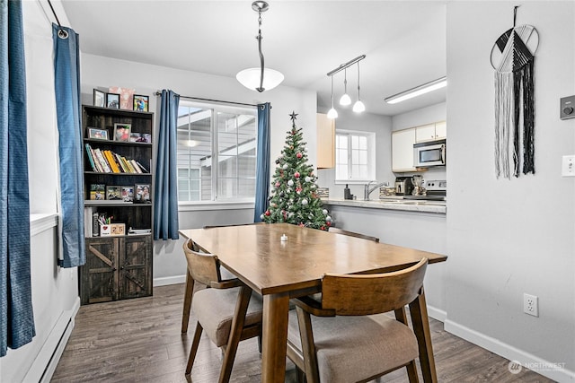 dining space with dark hardwood / wood-style flooring, baseboard heating, and sink