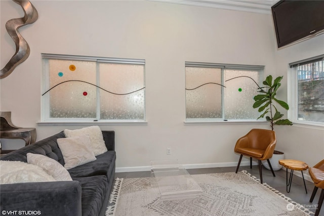 living area with hardwood / wood-style flooring and crown molding