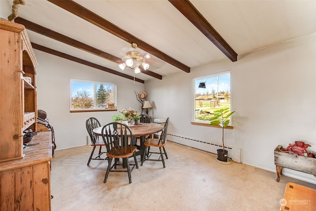 dining space featuring vaulted ceiling with beams, ceiling fan, light carpet, and a baseboard heating unit