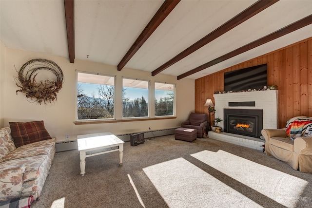 carpeted living room with beamed ceiling, baseboard heating, and wooden walls