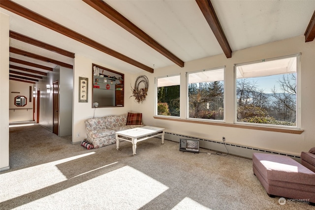 interior space featuring beamed ceiling and a baseboard radiator