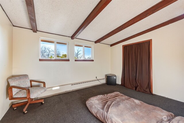 sitting room featuring carpet, lofted ceiling with beams, baseboard heating, and a textured ceiling