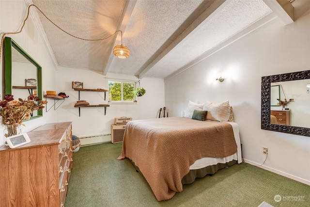 carpeted bedroom with beamed ceiling, a baseboard radiator, and a textured ceiling