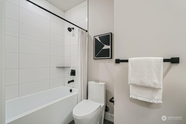 bathroom featuring toilet and shower / bathtub combination with curtain