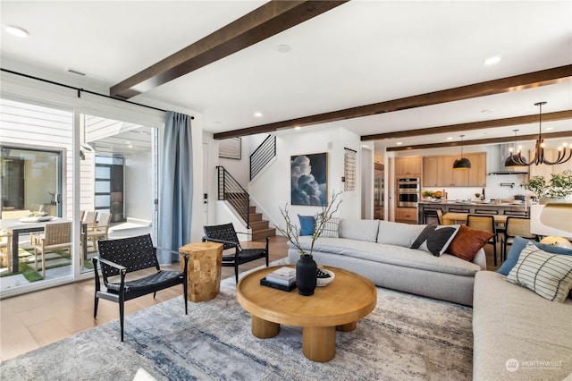 13734 SE 84th St Unit 14, Newcastle, WA 98059 - living area featuring beam ceiling, a chandelier, stairway, light wood finished floors, and recessed lighting