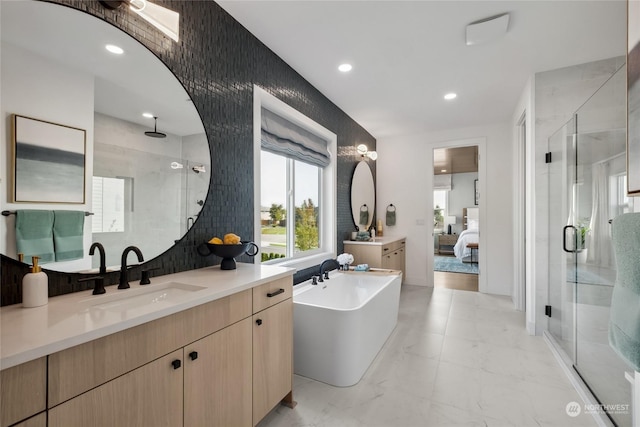 13734 SE 84th St Unit 14, Newcastle, WA 98059 - full bath featuring a shower stall, a freestanding bath, ensuite bathroom, vanity, and recessed lighting