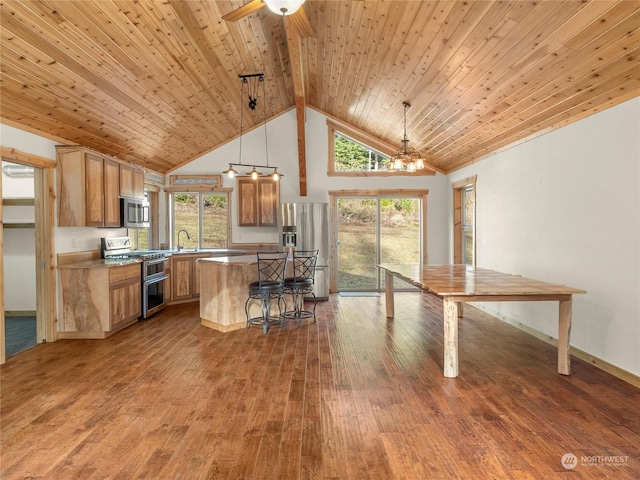 kitchen with hardwood / wood-style flooring, decorative light fixtures, wood ceiling, a kitchen island, and appliances with stainless steel finishes