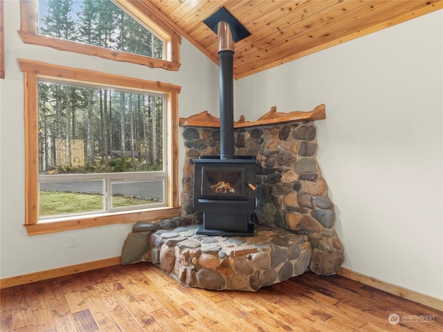 interior details with a wood stove, wood ceiling, and hardwood / wood-style floors