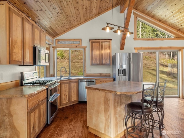 kitchen with appliances with stainless steel finishes, wood ceiling, a center island, and dark wood-type flooring