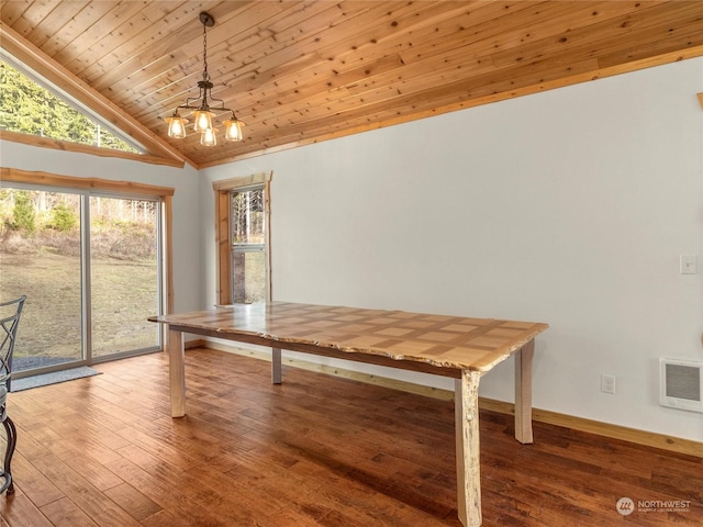 unfurnished dining area with hardwood / wood-style flooring, an inviting chandelier, high vaulted ceiling, and wood ceiling