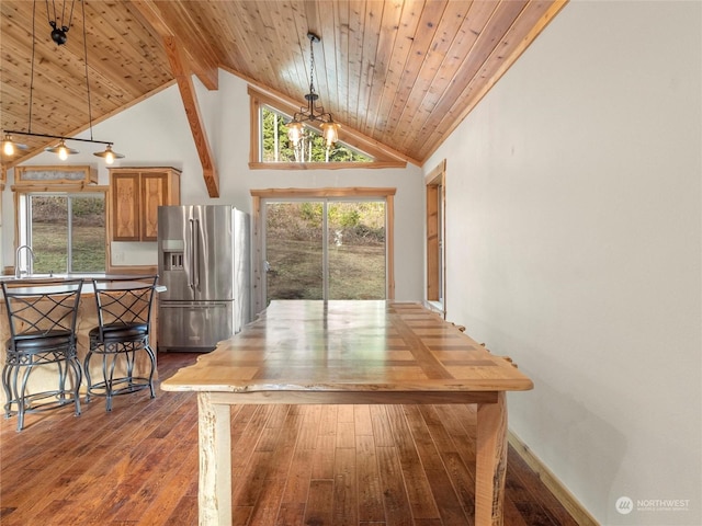 dining space with hardwood / wood-style floors, wooden ceiling, high vaulted ceiling, beam ceiling, and sink