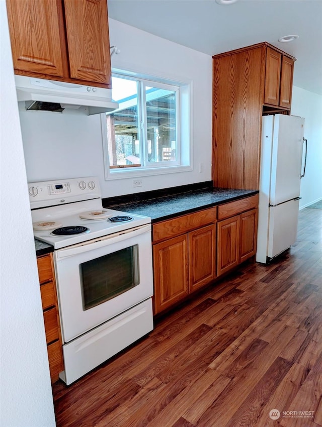 kitchen with dark countertops, white appliances, dark wood finished floors, and under cabinet range hood