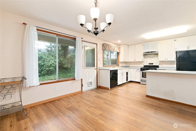 kitchen with black appliances, ventilation hood, hanging light fixtures, light wood-type flooring, and white cabinetry